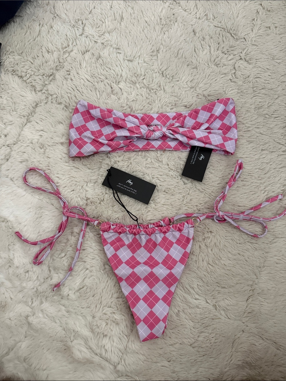 High-Waist Pink Check Bandeau Bikini Set